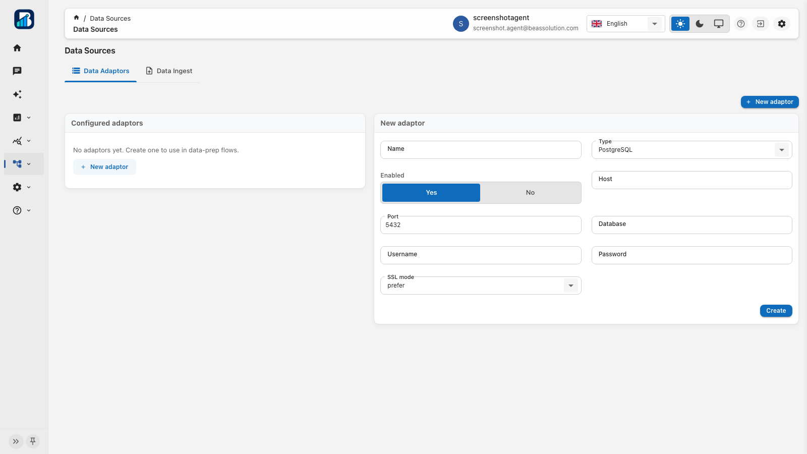 Data Sources screen with new adaptor form