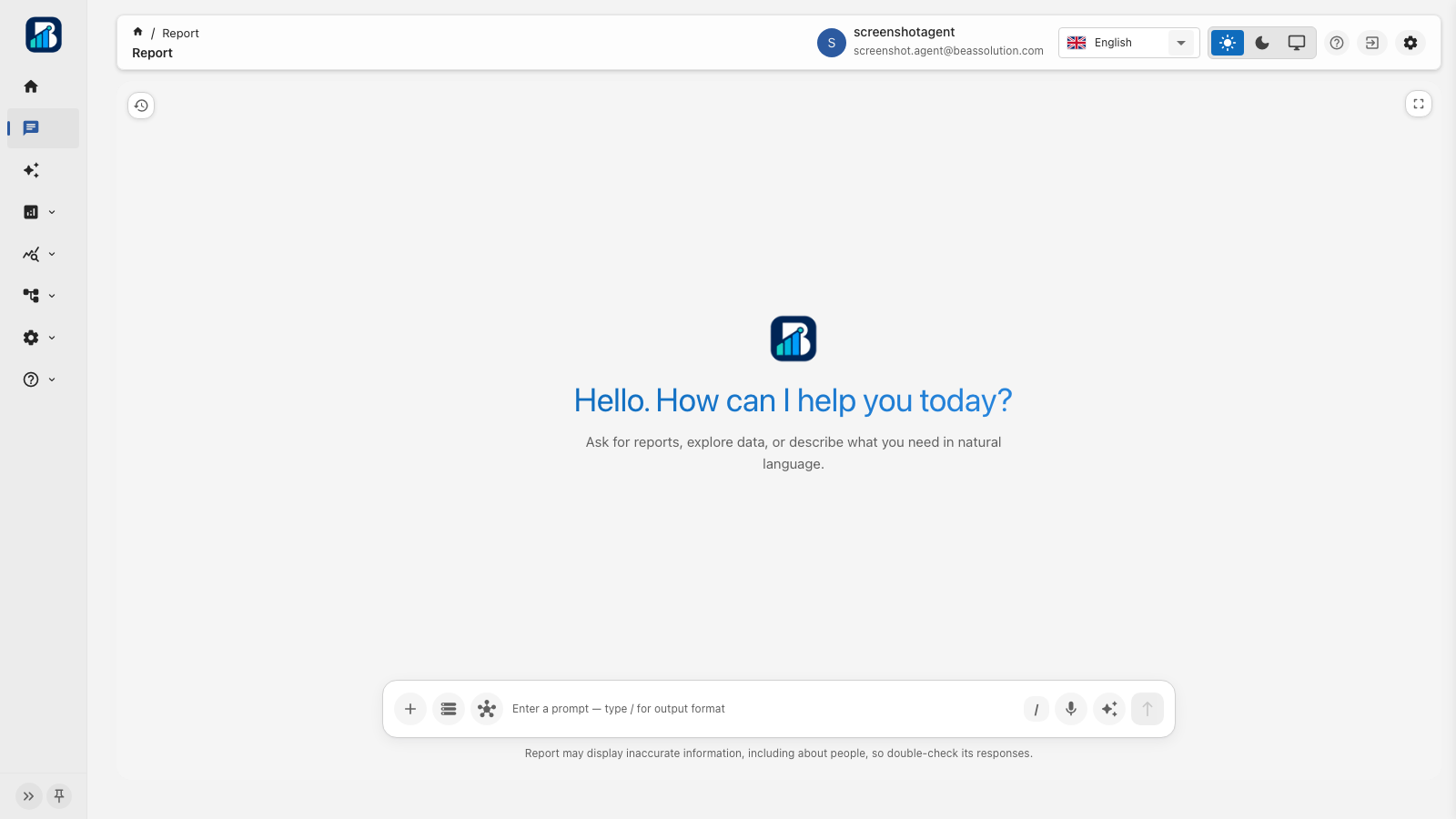 AI Report chat greeting and prompt bar